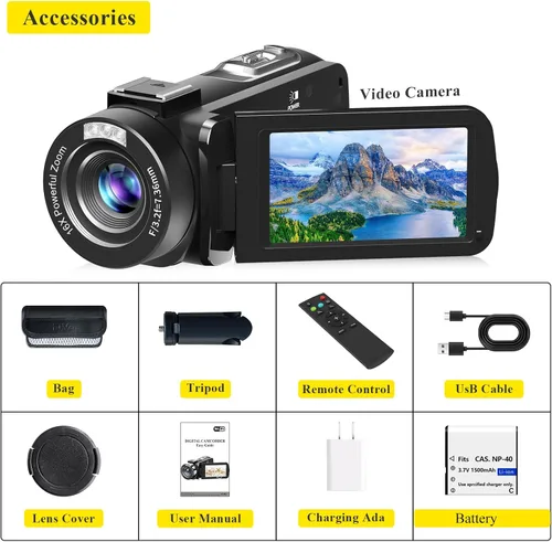 Vista 2 de Cámara de video, videocámara Full HD 1080P 30MP, cámara de vlogging para YouTube con visión nocturna infrarroja, zoom digital de 18X, pantalla LCD