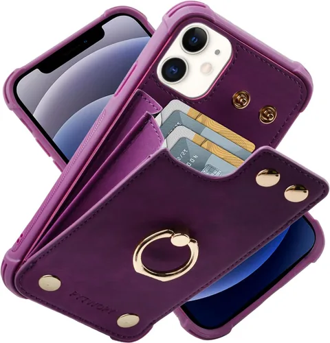 Vista 17 de Funda tipo cartera compatible con iPhone XR/10R con tarjetero de crédito, funda protectora de cuero a prueba de golpes compatible con anillo