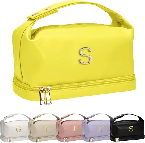 Vista 171 de Bolsa de maquillaje con asa, bolsa de cosméticos impermeable de doble capa, bolsas de maquillaje de cuero PU de gran capacidad con letra, bolsa