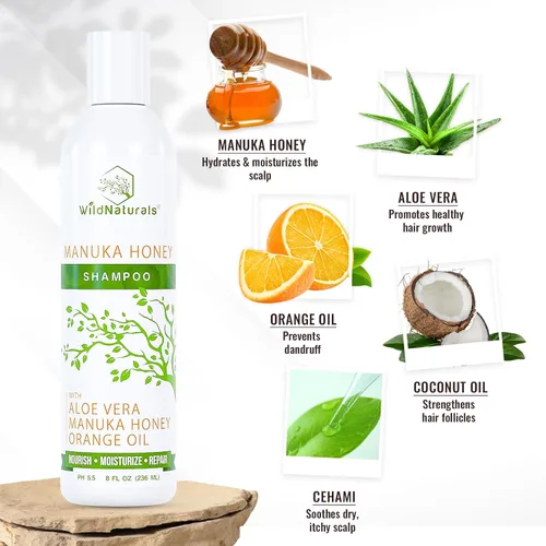 Vista 2 de Wild Naturals Champú de miel de Manuka para eczema y psoriasis, hidratante sin sulfatos con aloe vera y aceite de coco, champú hidratante para cuero