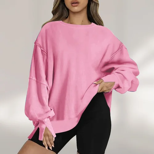 Vista 2 de KICILVS Sudadera de gran tamaño para mujer, cuello redondo, manga larga, casual, con abertura, holgada, ropa de otoño 2023 a la moda