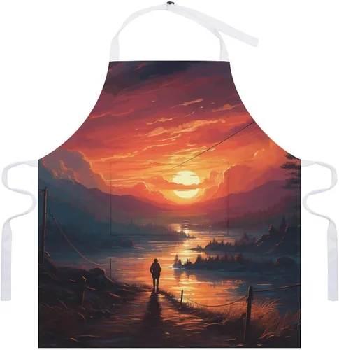 Vista 7 de Sunset Art Aprons Waterproof Cooking Kitchen Apron Unisex Adjustable Bib Apron with Pocket Restaurant Chef Works Aprons for Waitress Waiter