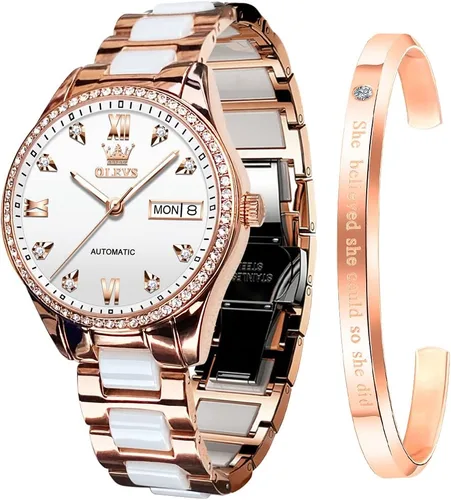 Vista 14 de OLEVS Relojes para mujer, pulsera de cerámica mecánica de cuerda automática, regalo del día del corazón Azul