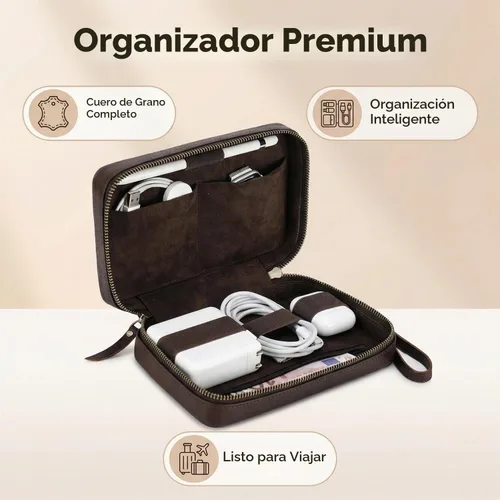 Vista 2 de Acidea Caja de almacenamiento de accesorios electrónicos de cuero de grano completo, bolsa organizadora de cables de viaje, estuche enrollable