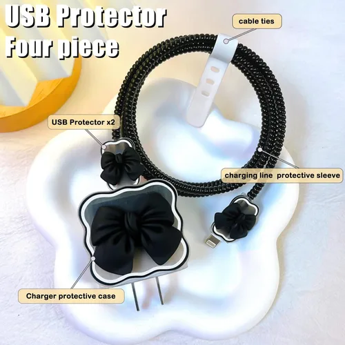 Vista 2 de CameCosy - Protector de cable de teléfono Kawaii para iPhone de 18 W/20 W, cargador USB-C con diseño de ondas de lazo 3D, funda protectora de Negro