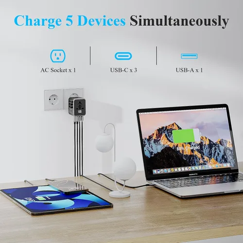 Vista 5 de Minthouz Adaptador de viaje universal, adaptador de corriente internacional de 35 W, cargador rápido GaN PD con 2 puertos USB-C PD y 2 puertos