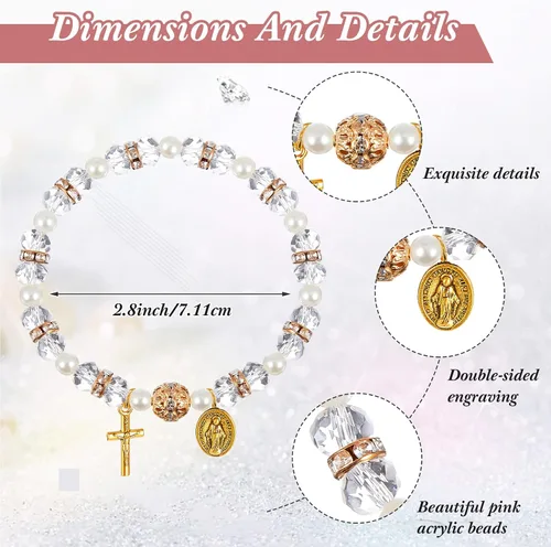 Vista 2 de Taiyin Rosary Bracelet Bulk with Mesh Bags, White Religious Rosary Bead Bracelet Catholic Bracelets, Baptism First Communion Gifts for Women