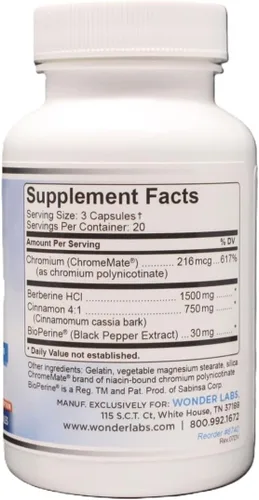 Vista 2 de Wonder Laboratories Berberina HCL 1,500 mg + mantenimiento de canela, cromo y bioperina para glucosa, corazón y salud del sistema inmunológico Sin