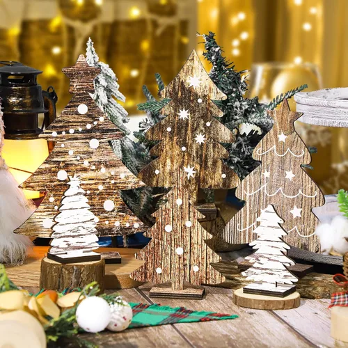 Vista 4 de 6 piezas de decoración de mesa de árbol de Navidad de madera, 6 tamaños, decoración de árbol de Navidad de madera independiente, letreros rústicos