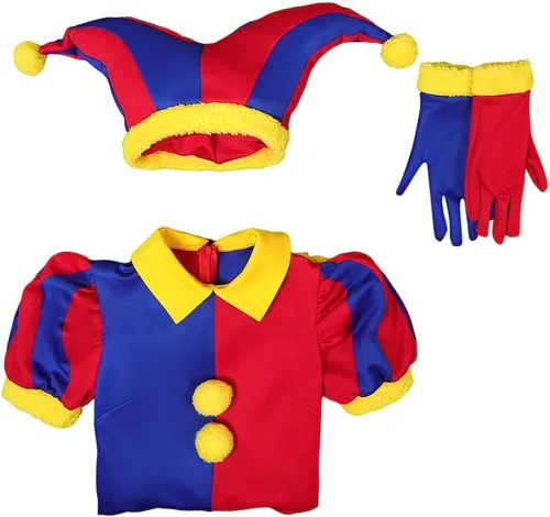 Vista 6 de Disfraz de circo Pomni de payaso Pomni, overol para cosplay, gorro, guantes, traje de bufón mágico para Halloween para adultos y niños