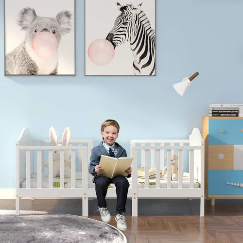 Vista 9 de Costzon Cama convertible 2 en 1 para niños pequeños, cama clásica de madera para niños con 2 barandillas laterales, estribo para mayor seguridad