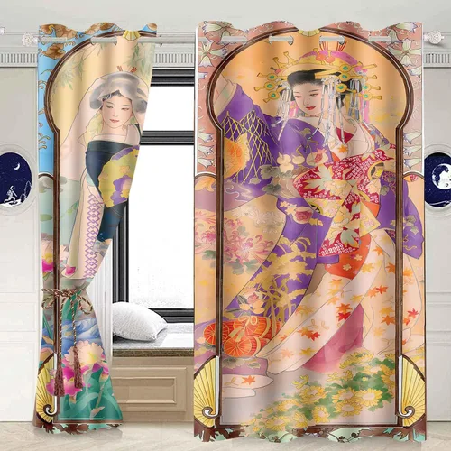 Vista 4 de Art Nouveau - Cortinas opacas de geisha japonesa de verano, serie de temporada de otoño, cortina estilo pintura al óleo, montaje en flor de cerezo