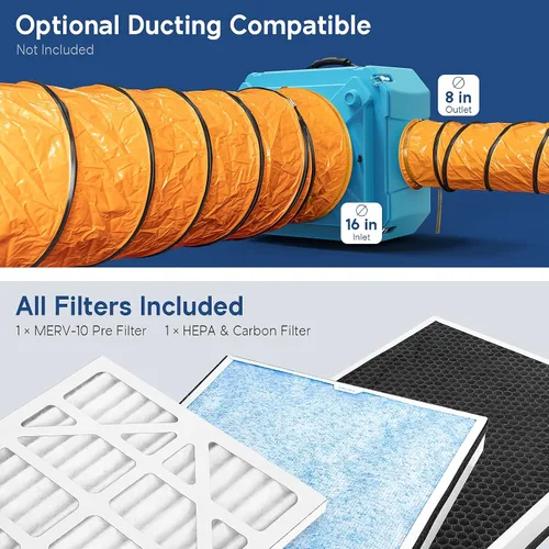 Vista 8 de ALORAIR Depurador de aire con filtración de 3 etapas, máquina de aire negativo apilable para uso industrial y comercial, filtro de aire resistente