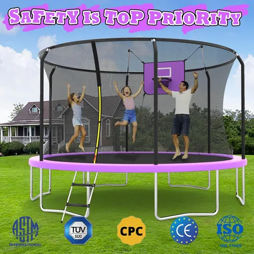 Vista 8 de 8FT 10FT 12FT 14FT Outdoor Trampoline with Basketball Hoop and LED Lights, ASTM Approved Recreational Trampolines for Kids and Adults with Net and