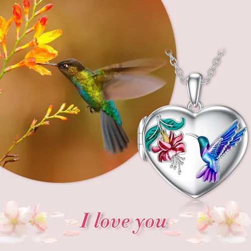 Vista 5 de LONAGO Collar con medallón de corazón que sostiene dos fotos de colibrí con colgante de medallón de plata de ley, regalo de joyería conmemorativa