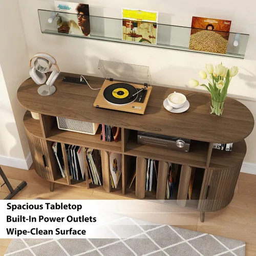 Vista 6 de Soporte para tocadiscos con almacenamiento de vinilo, mesa de tocadiscos con estación de carga, consola multimedia y estante de discos para más