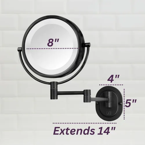 Vista 3 de JERDON Espejo de maquillaje montado en la pared con aumento 5X - Espejo de maquillaje negro con luces LED - Cable directo - Modelo HL65BKD