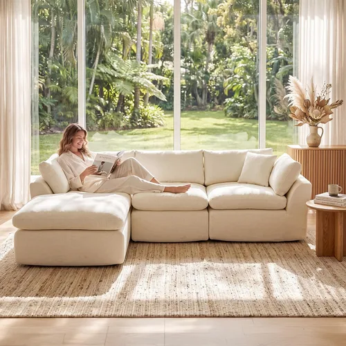 Vista 7 de Sofá nube sin hueso de 111 pulgadas en forma de L con diván, sofá modular de 3 plazas para sala de estar, sofás de felpilla deshuesados de gran Beige