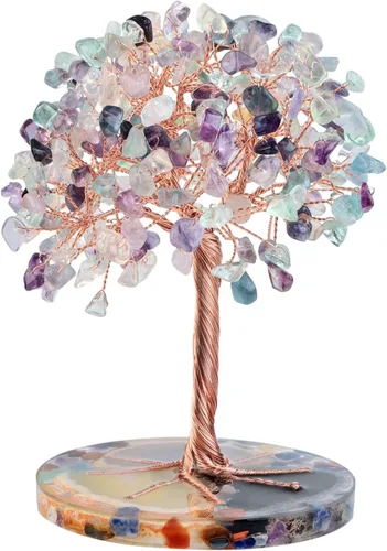 Vista 11 de Nupuyai Árbol de dinero de piedra de cristal aguamarina envuelto en rodajas redondas de ágata orgónica, árbol de la vida, bonsái de Feng Shui
