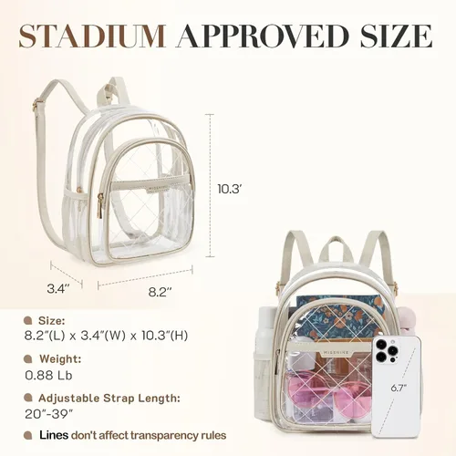 Vista 11 de Missnine Mochila transparente aprobada para estadios, mini bolsa transparente de PVC grueso con ribete de cuero para eventos deportivos, conciertos