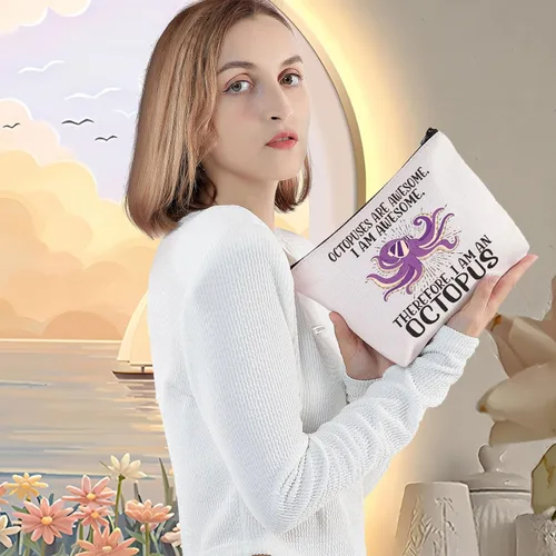 Vista 5 de LEVLO Bolsa de maquillaje cosmético de pulpo, regalo para amantes del pulpo, los pulpos son impresionantes bolsa de maquillaje con cremallera
