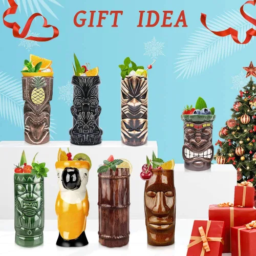 Vista 5 de LINALL Tiki Mugs - Juego de 8 tazas de cóctel de cerámica TIKI tazas hawaianas para fiesta hawaiana, vasos de cóctel exóticos hawaianos TKSET0080
