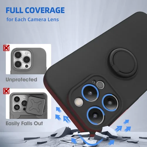 Vista 7 de pcgaga Funda de silicona para iPhone 15 Pro Max con protector de pantalla [soporte de anillo] [correa de muñeca] [forro de microfibra] funda Negro