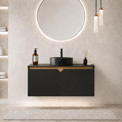 Vista 38 de Vanidad de baño flotante de 24 pulgadas con fregadero, gabinete estriado Fregadero de cerámica negro + negro