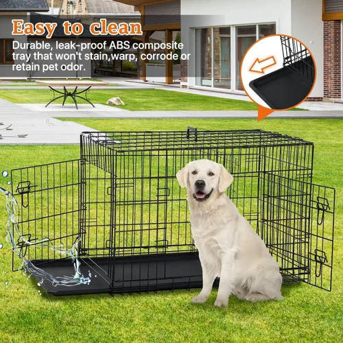 Vista 4 de Jaula para perros extra grande de 48 pulgadas, diseño de doble puerta a prueba de fugas con panel divisor, plegable con bandeja extraíble, uso