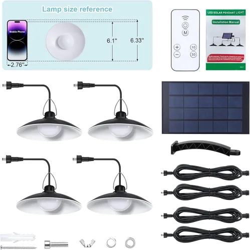 Vista 9 de Luces colgantes solares para exteriores IP65 impermeables, 4 cabezales de luces solares con interruptor remoto de encendido/apagado, regulables