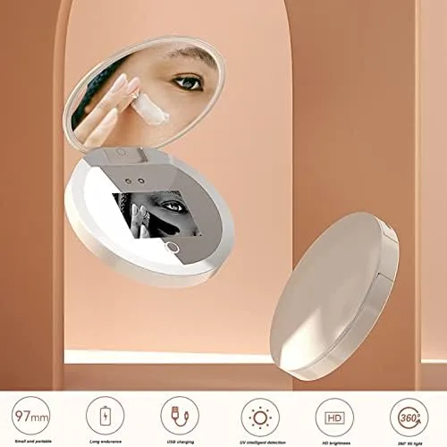 Vista 3 de Espejo compacto de viaje con cámara, espejo portátil de aumento 2X con luces para verificar protector solar, espejo de maquillaje LED, espejo