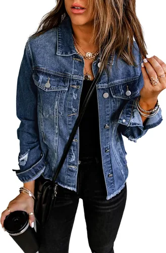 Vista 11 de Chaqueta de mezclilla para mujer, chaqueta de jean desgastada de gran tamaño para mujer, tendencia