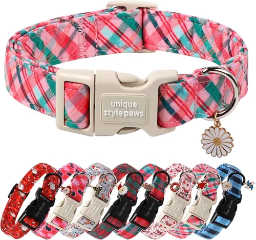 Vista 11 de Collar de perro de Navidad de Unique Style Paws con hebilla de plástico y colgante, a cuadros rojo y negro, collares de algodón para cachorros