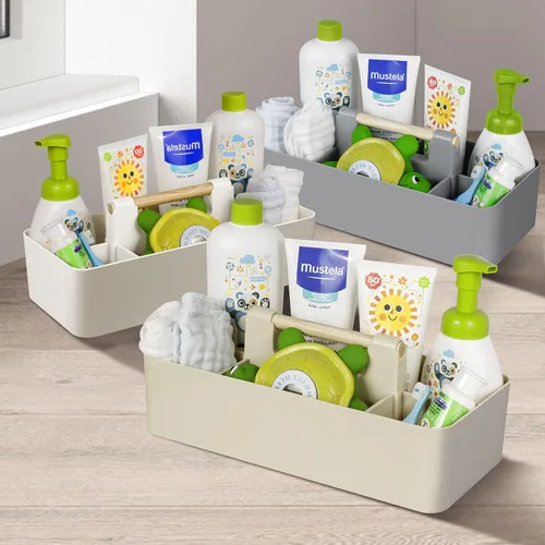 Vista 7 de Organizador de plástico para baby shower, organizador portátil de almacenamiento para niños/niños, cesta dividida con mango de madera para baño