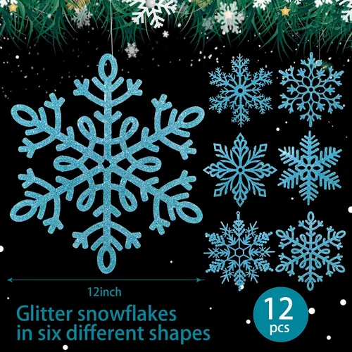 Vista 2 de Sratte Paquete de 12 adornos de copos de nieve grandes con purpurina de 12 pulgadas, decoración gigante de plástico para colgar en invierno
