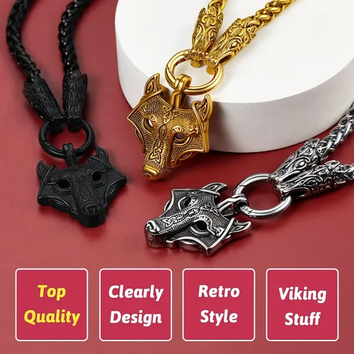 Vista 6 de FaithHeart Collar grueso de collar vikingo nórdico punk, de acero inoxidable, nudo celta, cabeza de lobo, amuleto, joyería de regalo