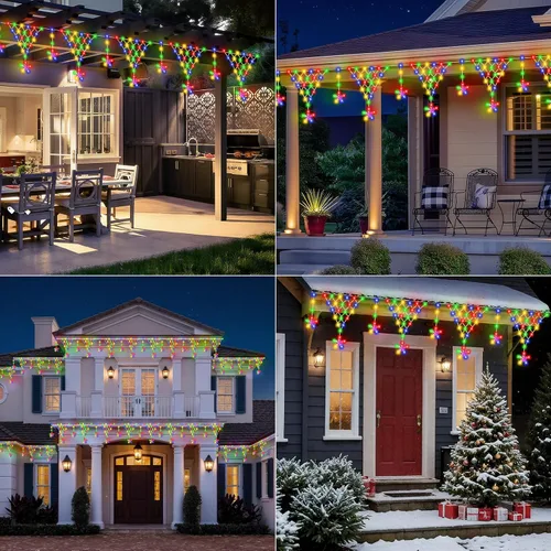 Vista 7 de Luces de Navidad para exteriores, 218 luces LED de cortina de Navidad de 13.8 pies, decoraciones de balcón al aire libre con 12 gotas de estrellas