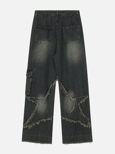 Vista 4 de Harajuku Hip Hop - Pantalones de mezclilla para hombre, ropa urbana, diseño de llama, cruz, bloque de color, pantalones casuales, pantalones