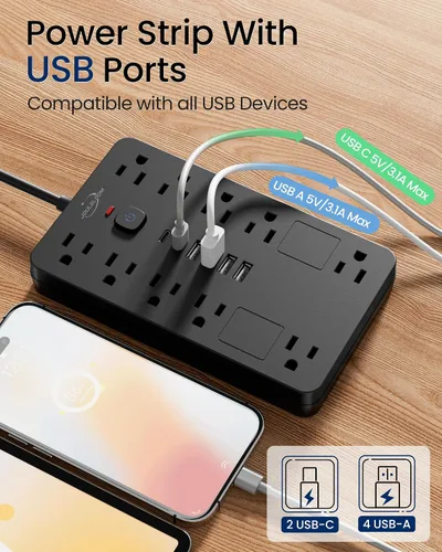 Vista 3 de JouleLoom Paquete de 2 tiras de alimentación con protector de sobretensiones, 10 salidas (1850 W/15 A/14 AWG) con 6 puertos USB (2 USB C), cable