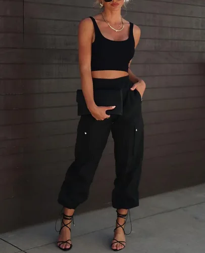 Vista 2 de Pantalones de paracaídas para mujer, cintura alta elástica, pantalones cargo Y2K holgados con 4 bolsillos