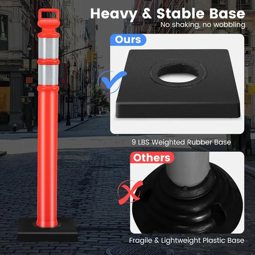 Vista 2 de Goplus Poste delineador con base, paquete de 3 postes de delineador de tráfico de 45 pulgadas con base de goma pesada de 9 libras, bandas