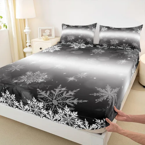 Vista 6 de Erosebridal Juego de sábanas bajeras de Navidad tamaño Queen, diseño de copos de nieve, color negro, gris, degradado, para niños y niñas, juego