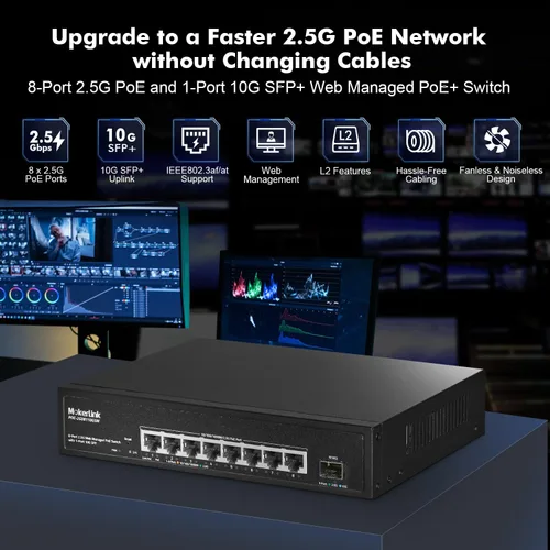 Vista 2 de MokerLink Interruptor PoE Web Gestionado de 8 Puertos 2.5 Gigabit con SFP de 10G, 8 Puertos PoE IEEE802.3af/at, 120W, Interruptor de Red Montable