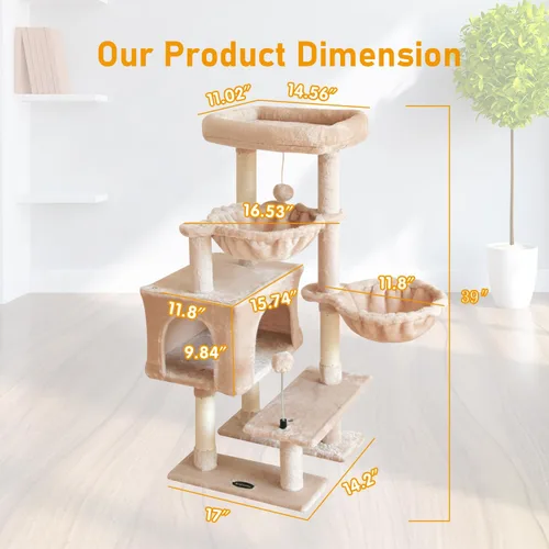 Vista 2 de KIYUMI - Árbol para gatos, torre para gatos, condominio con poste de rascado de sisal para gatos de interior, árbol para gatos con hamaca y juguetes
