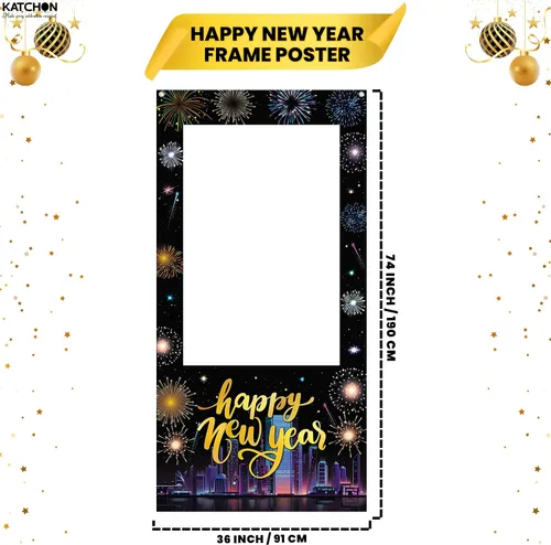 Vista 2 de KatchOn, Marco de cabina de fotos de Año Nuevo, grande, 74 x 36 pulgadas, marco de cabina de fotos de feliz año nuevo, suministros de fiesta de Año