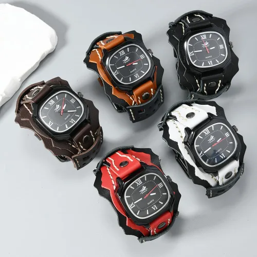 Vista 3 de MINILUJIA Relojes hechos a mano para hombre con cuerda de cera cosida, estilo vintage, punk, hip-hop, gótico, ancho, de cuero genuino, suave, reloj