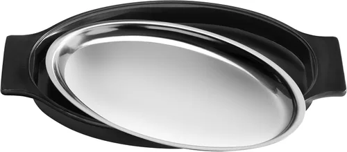 Vista 2 de New Star Foodservice 26733 platón chisporroteante de acero inoxidable, ovalado, con asas aisladas, 11.63 pulgadas x 8 pulgadas, color negro