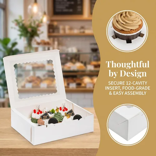 Vista 4 de Paquete de 20 cajas para cupcakes, 12 unidades, recipientes de papel blanco para cupcakes con insertos y ventana, contenedor de panadería, docena