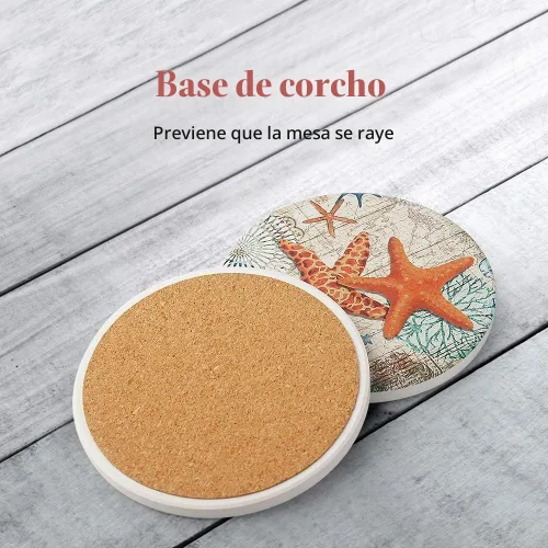 Vista 5 de Teivio Posavasos de piedra absorbente con temática de vida marina para bebidas, base de corcho con soporte, decoración costera con tema de playa