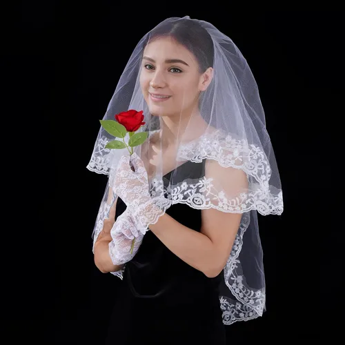 Vista 4 de jiebor Velo de encaje blanco velo de novia velo de novia velo de Halloween con guantes para mujeres y niñas, novias, bodas, despedidas de soltera